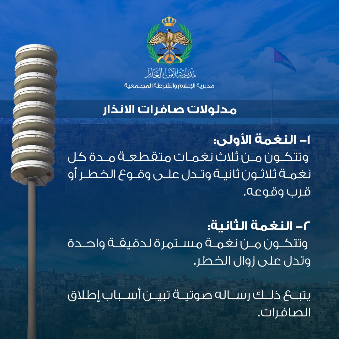 الأمن العام يوضح دلالات صفارات الإنذار التي دوت صباحًا