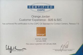 أورنج الأردن تستمر بريادتها العالمية في خدمة الزبائن مع تجديد شهادة COPC للعام السادس