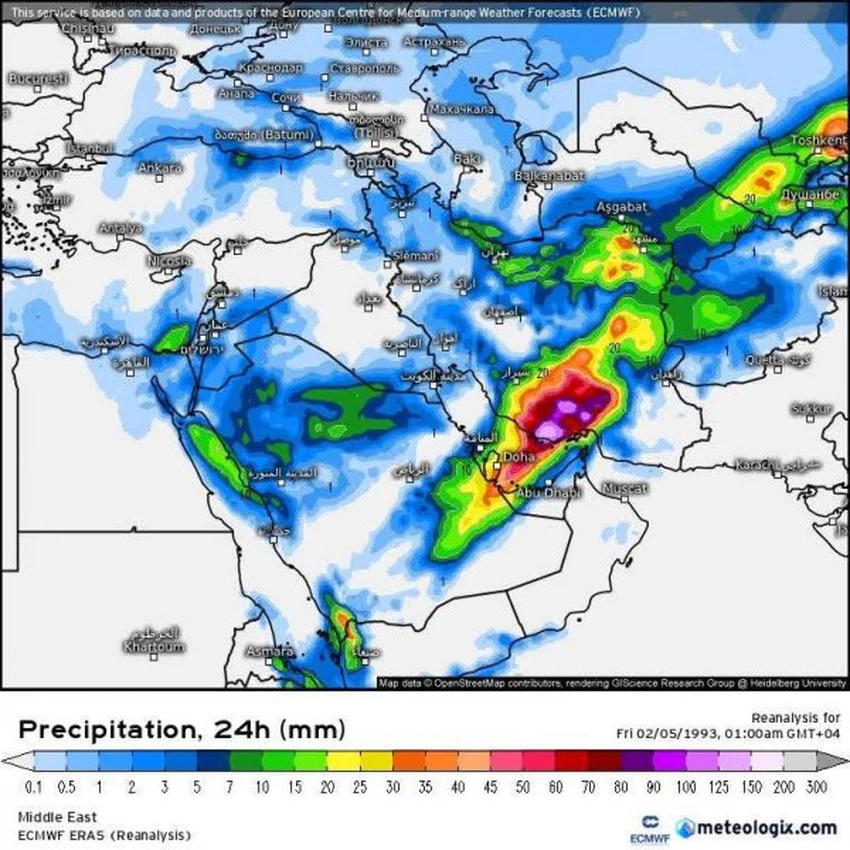 المدينة المنورة شهدت ثلوجًا نادرة في فبراير 1993 ادت إلى حدث جوي نادر