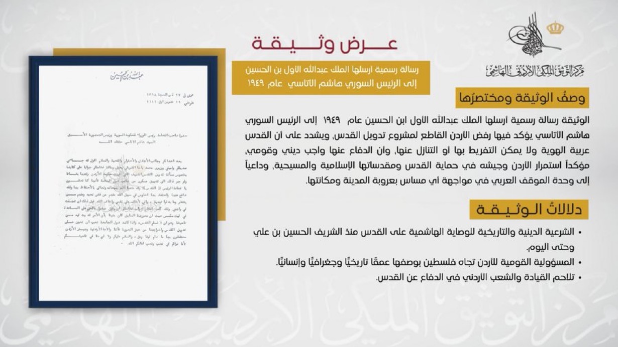 صورة حول : التوثيق الملكي: وثيقة تؤكد موقف الأردن الراسخ تجاه فلسطين التوثيق الملكي: وثيقة تؤكد موقف الأردن الراسخ تجاه فلسطين